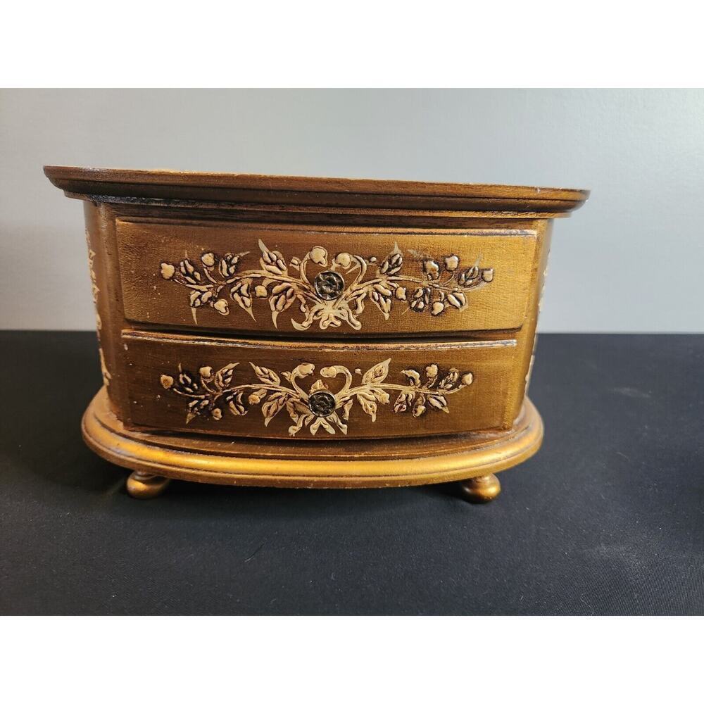 Vintage wood Florentine Jewelry Box-2 Drawers-Gold music box